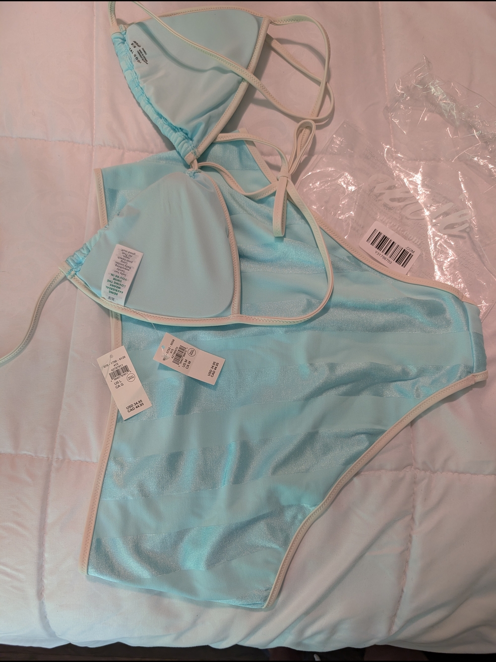 Aerie Light Aqua Shimmer  Striped Bikini Set with Cream Trim